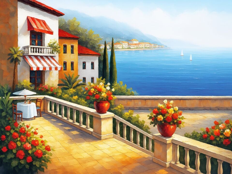Akdeniz Villa Deniz Manzara Yağlı Boya Tablo