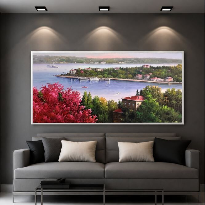 İstanbul Boğaz Manzarası Dokulu Yağlı Boya Tablo – Erguvanlar