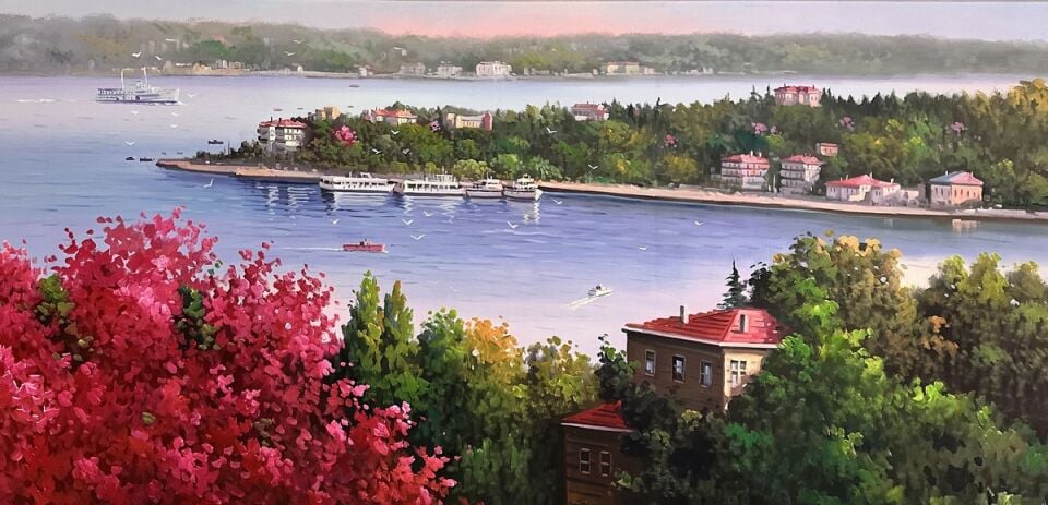 İstanbul Boğaz Manzarası Dokulu Yağlı Boya Tablo – Erguvanlar