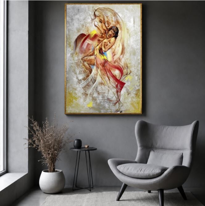 At ve Kadın Yağlı Boya Tablo Soyut Dokulu El Yapımı Modern Sanat Eseri