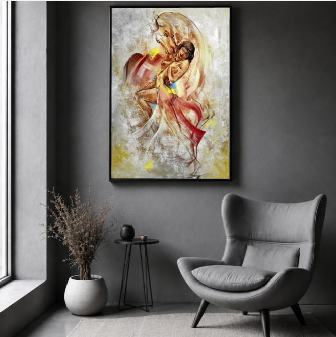 At ve Kadın Yağlı Boya Tablo Soyut Dokulu El Yapımı Modern Sanat Eseri
