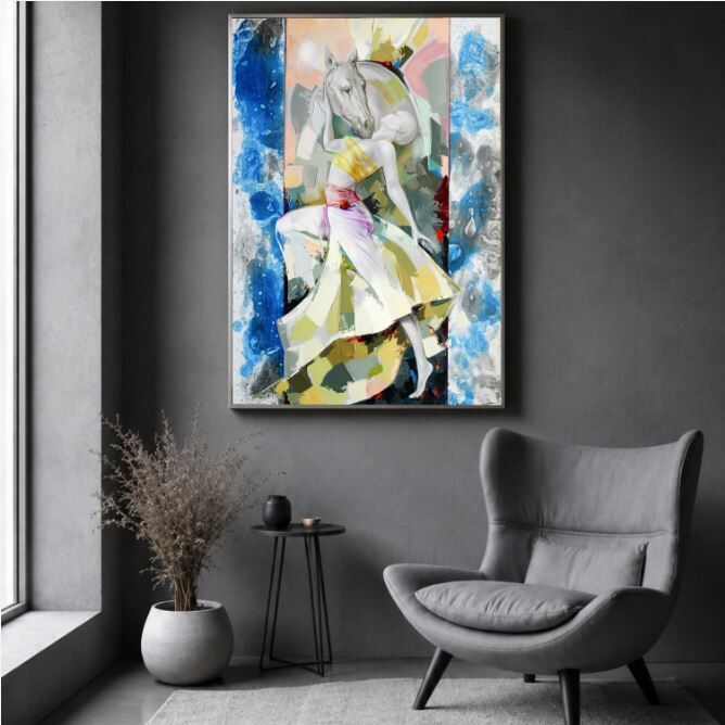 At ve Kadın Yağlı Boya Tablo Modern Dokulu El Yapımı Figüratif Sanat Eseri