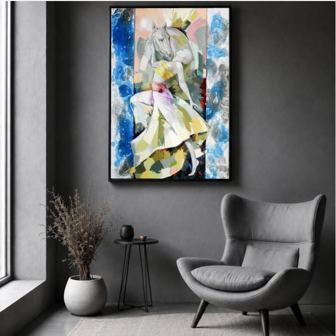 At ve Kadın Yağlı Boya Tablo Modern Dokulu El Yapımı Figüratif Sanat Eseri