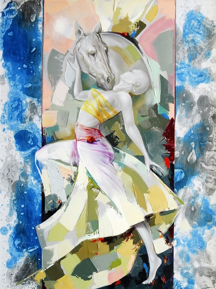 At ve Kadın Yağlı Boya Tablo Modern Dokulu El Yapımı Figüratif Sanat Eseri