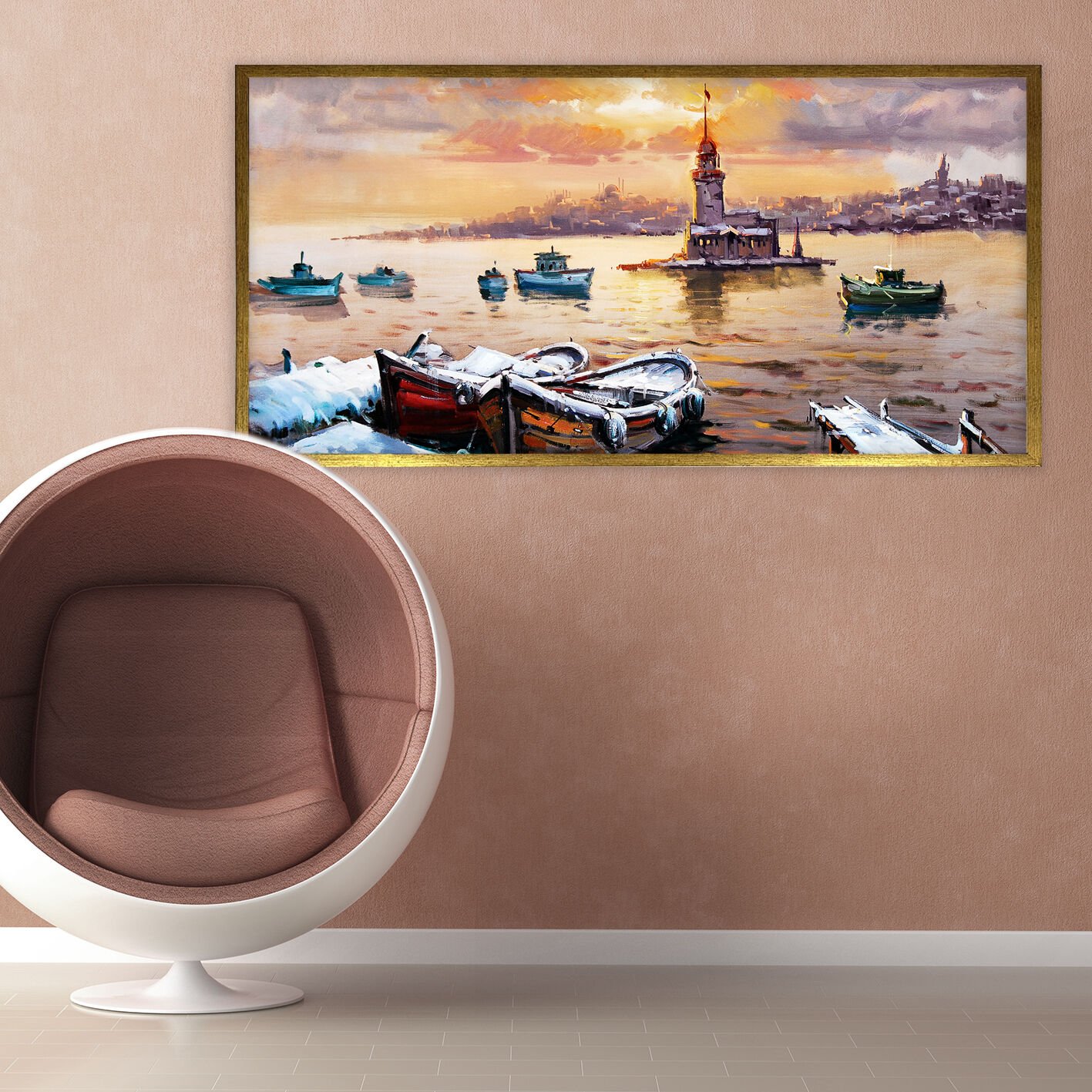 Gün Batımında Kız Kulesi Manzara Dokulu Yağlıboya Tablo