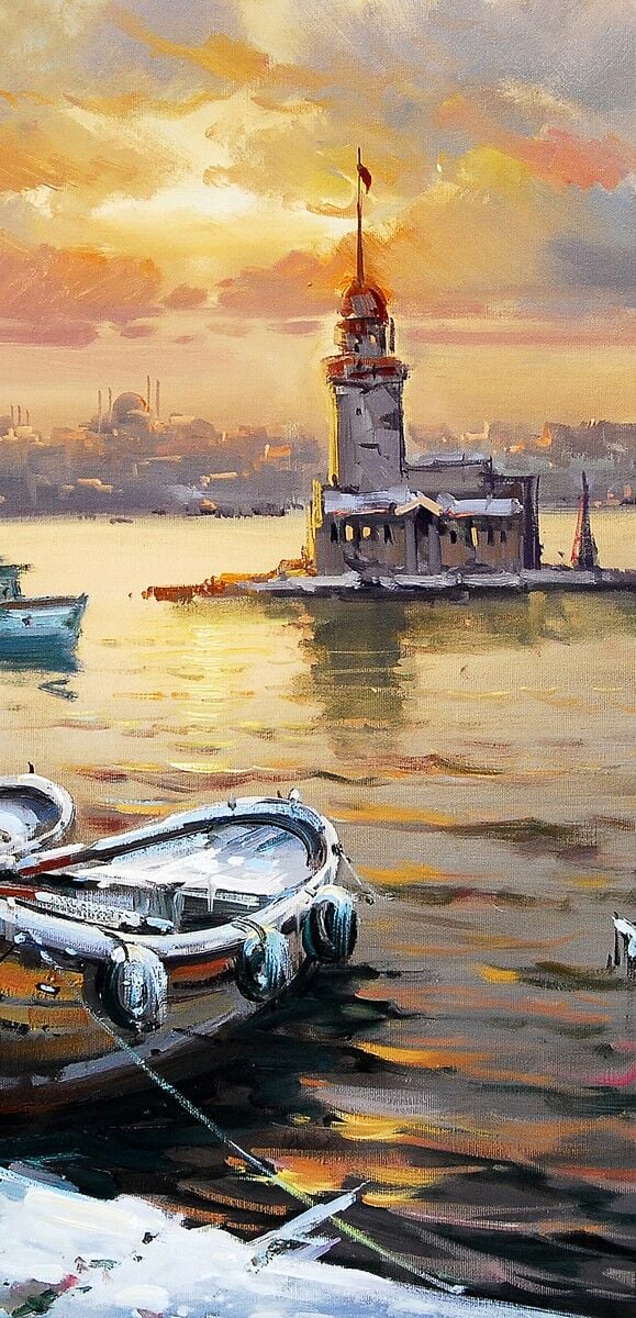 Kız Kulesi Dokulu Yağlı Boya Tablo – Gün Batımı