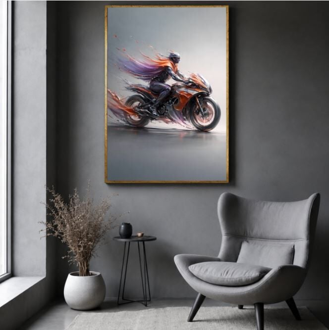 Soyut Motosiklet Yağlı Boya Tablo Modern Hız Temalı El Yapımı Dokulu Sanat Eseri