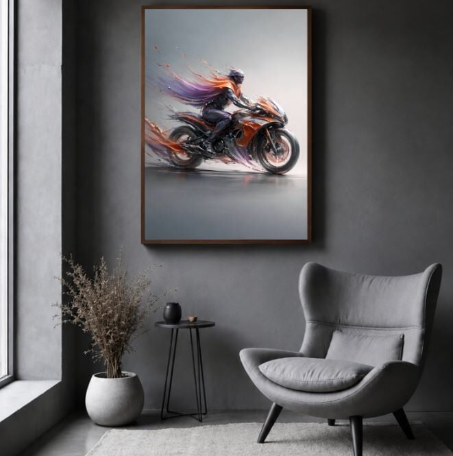 Soyut Motosiklet Yağlı Boya Tablo Modern Hız Temalı El Yapımı Dokulu Sanat Eseri