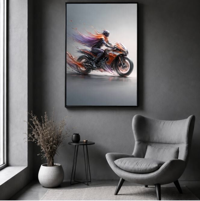 Soyut Motosiklet Yağlı Boya Tablo Modern Hız Temalı El Yapımı Dokulu Sanat Eseri