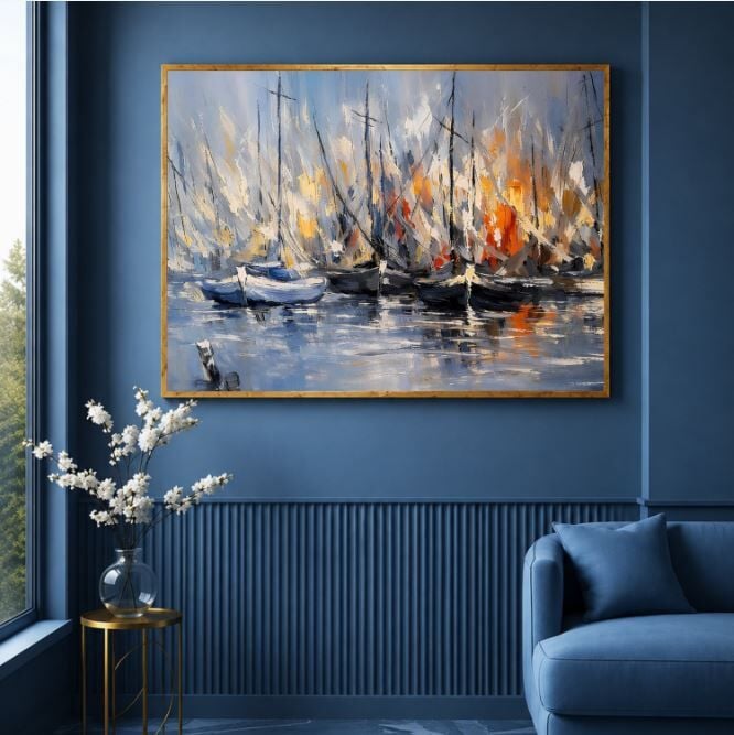 Tekne Yağlı Boya Tablo Modern Marina Manzaralı El Yapımı Dokulu Sanat Eseri