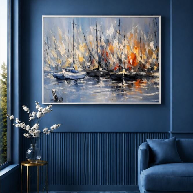 Tekne Yağlı Boya Tablo Modern Marina Manzaralı El Yapımı Dokulu Sanat Eseri