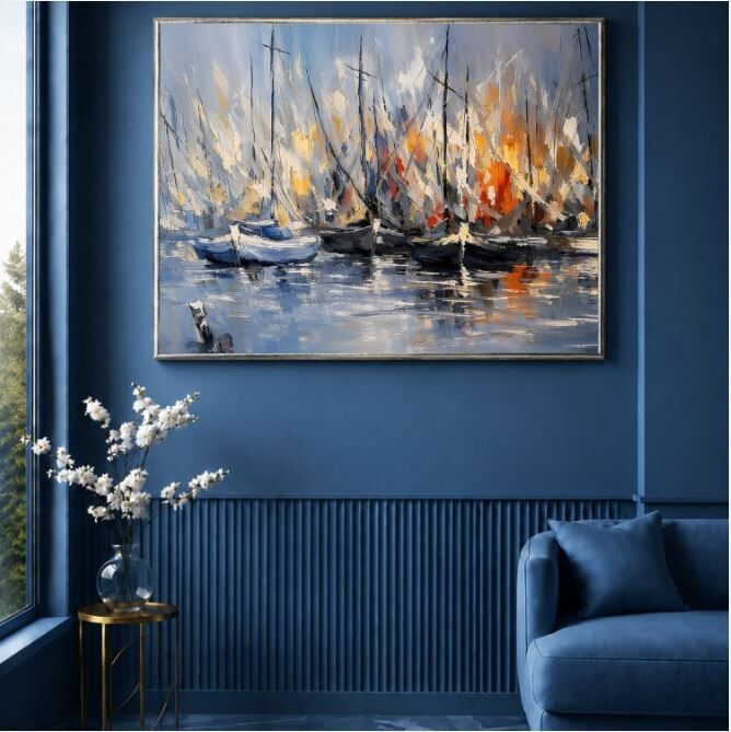 Tekne Yağlı Boya Tablo Modern Marina Manzaralı El Yapımı Dokulu Sanat Eseri
