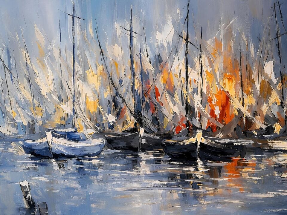 Tekne Yağlı Boya Tablo Modern Marina Manzaralı El Yapımı Dokulu Sanat Eseri