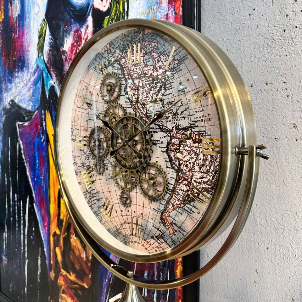 Tripod Ayaklı Dekoratif Saat - Vintage Dünya Haritası Temalı
