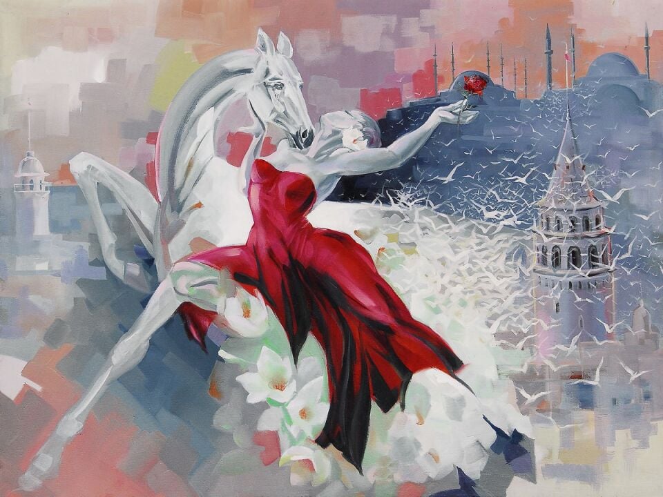 İstanbul Yağlı Boya Tablo Galata Kulesi At ve Kadın Temalı El Yapımı Dokulu Sanat Eseri