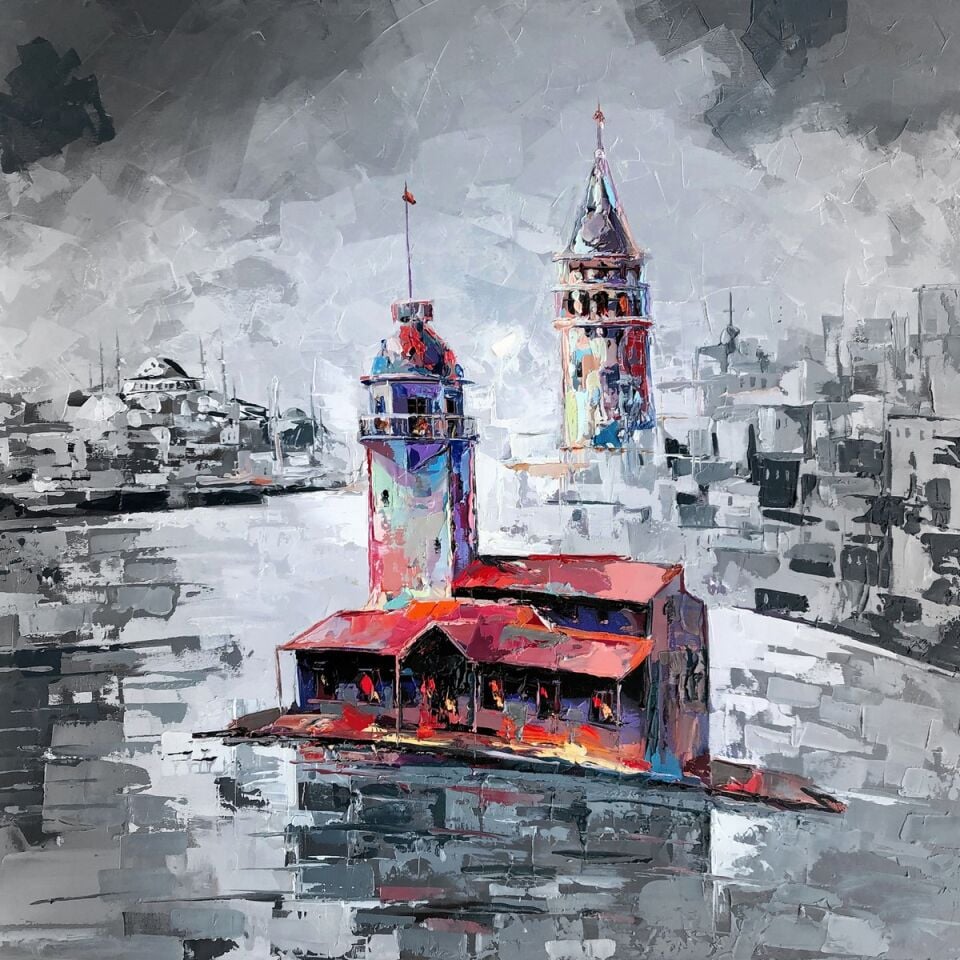 Kız Kulesi ve Galata Kulesi Yağlı Boya Tablo
