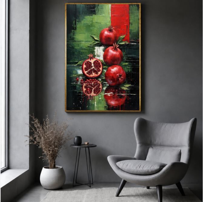 Nar Yağlı Boya Tablo Modern Natürmort El Yapımı Dokulu Sanat Eseri