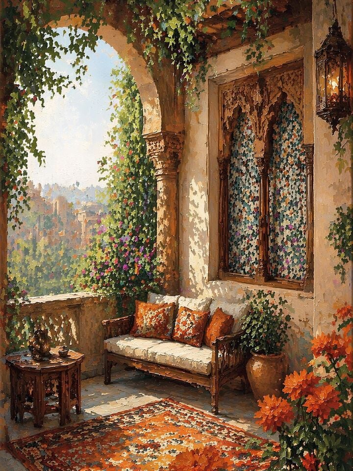 Osmanlı Balkon Yağlı Boya Tablo El Yapımı Dokulu Mimari Tablo
