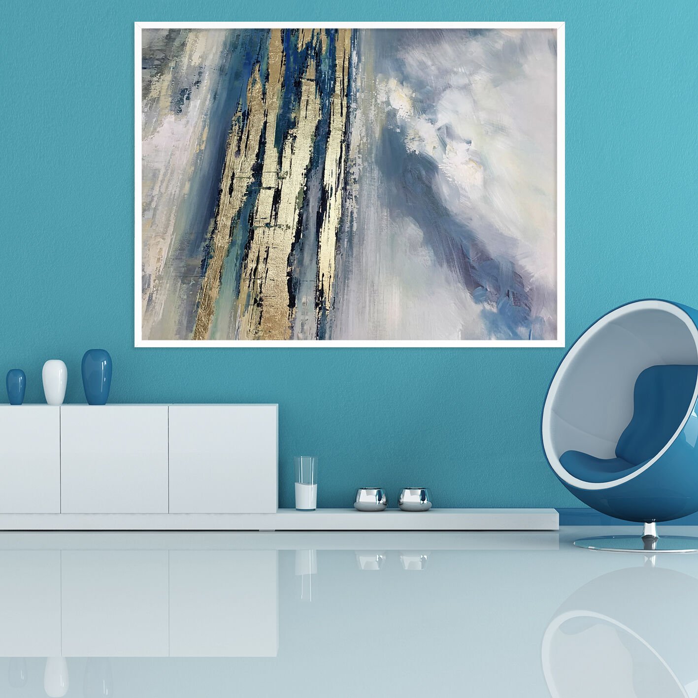 Mavi Ufukta Altın İzler Soyut Dokulu Yağlıboya Tablo