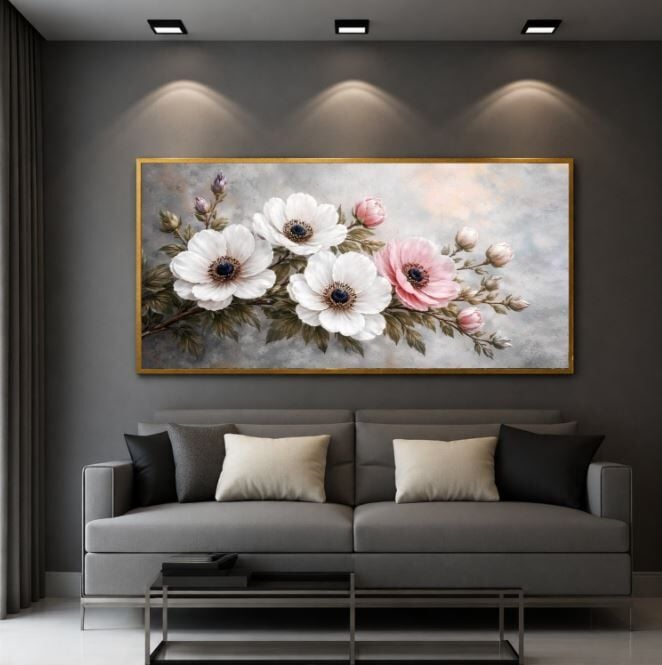 Pembe Beyaz Çiçekli Dokulu Yağlı Boya Tablo – Bahar Esintisi