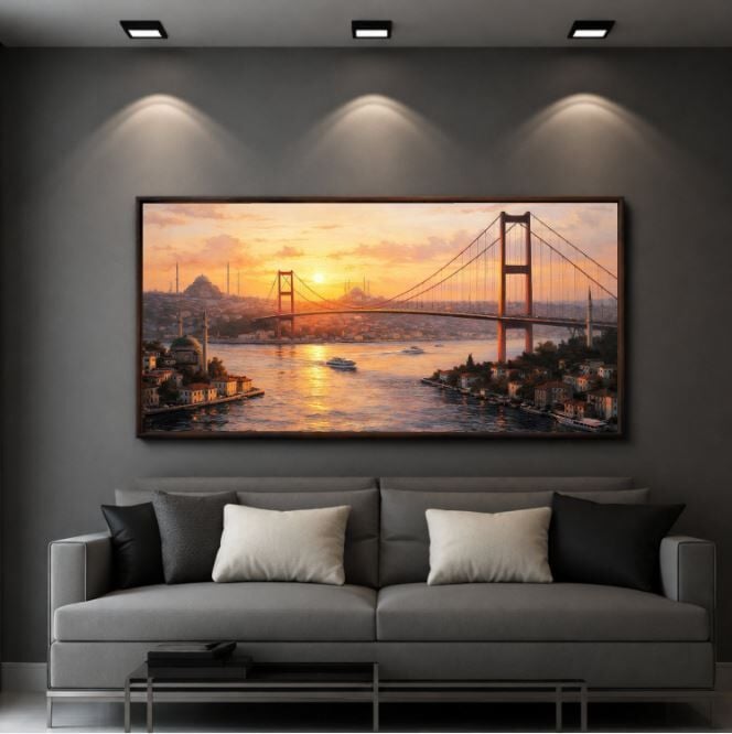 Boğazda Gün Batımı İstanbul Boğazı Dokulu Yağlı Boya Tablo