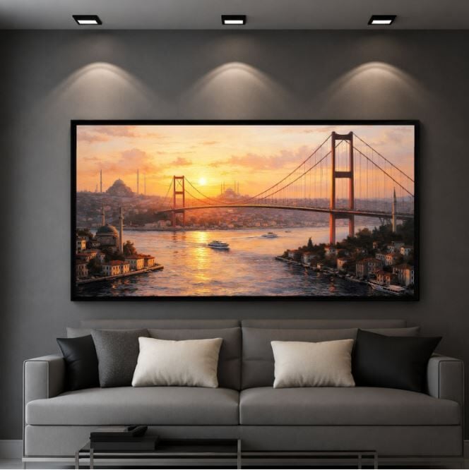 Boğazda Gün Batımı İstanbul Boğazı Dokulu Yağlı Boya Tablo