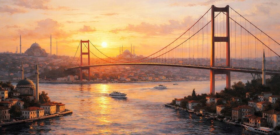 Boğazda Gün Batımı İstanbul Boğazı Dokulu Yağlı Boya Tablo