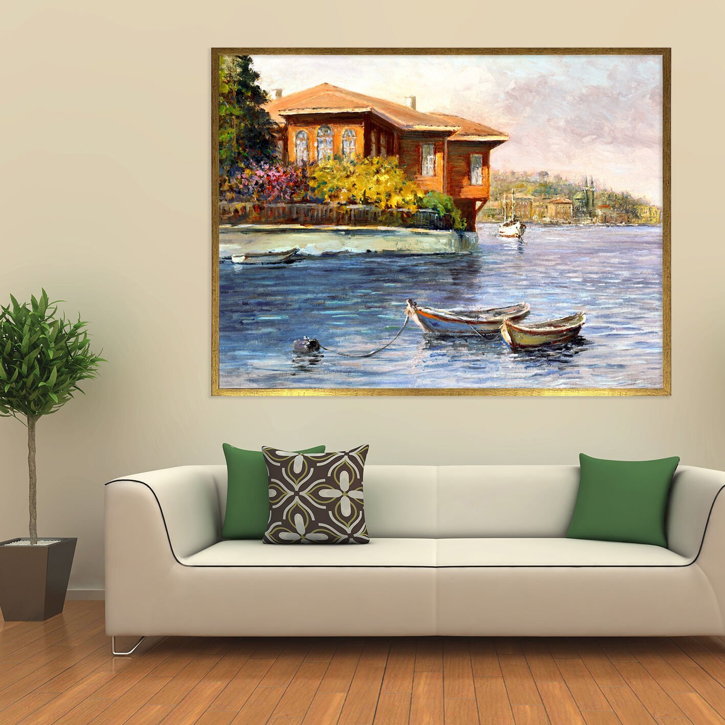 Yalı Önünde Sessizlik Manzara Dokulu Yağlıboya Tablo