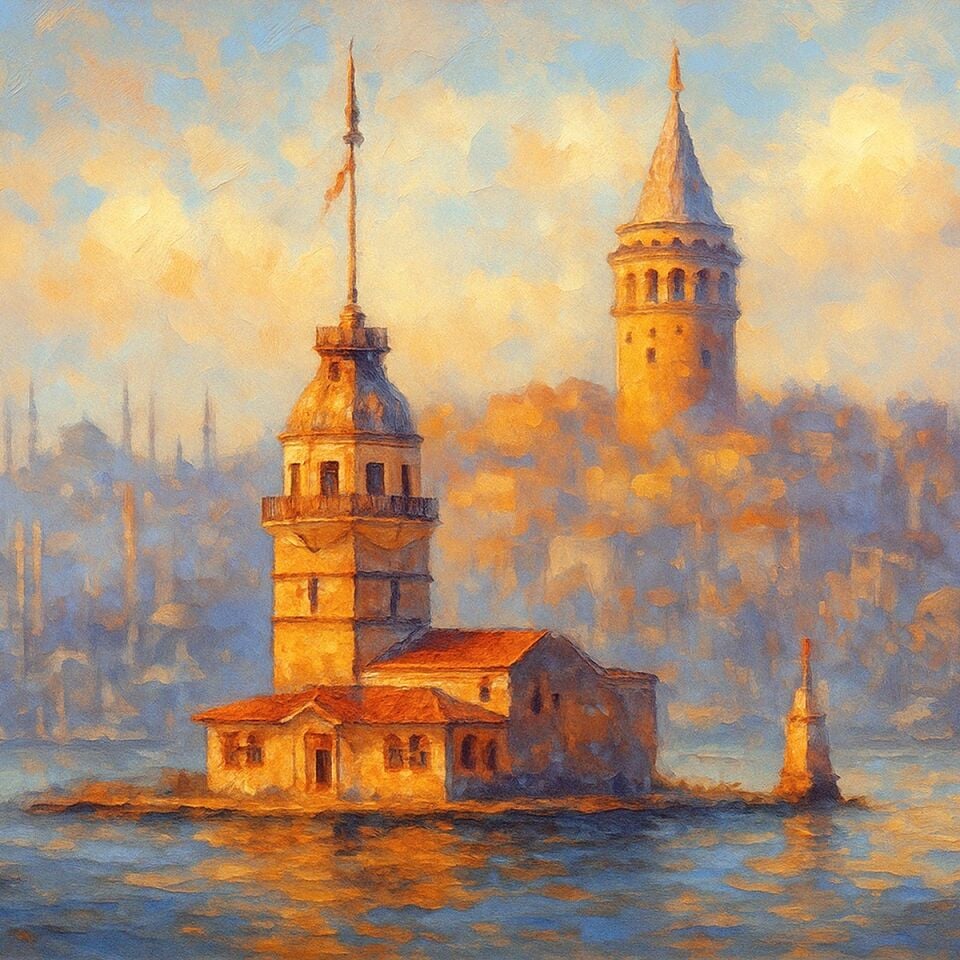 İki Yakanın Sessiz Işığı Kız Kulesi Dokulu Yağlı Boya Tablo