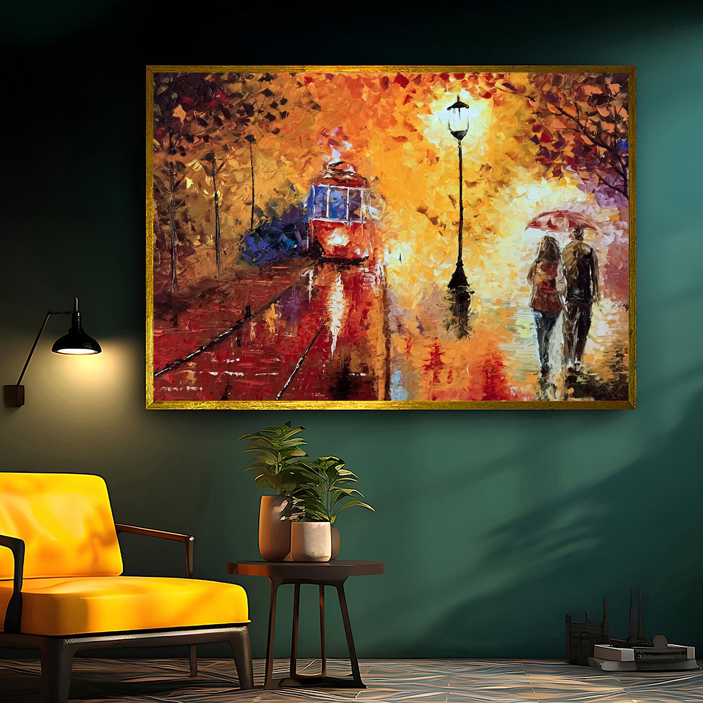 Yağmurda Birlikte Manzara Dokulu Yağlıboya Tablo