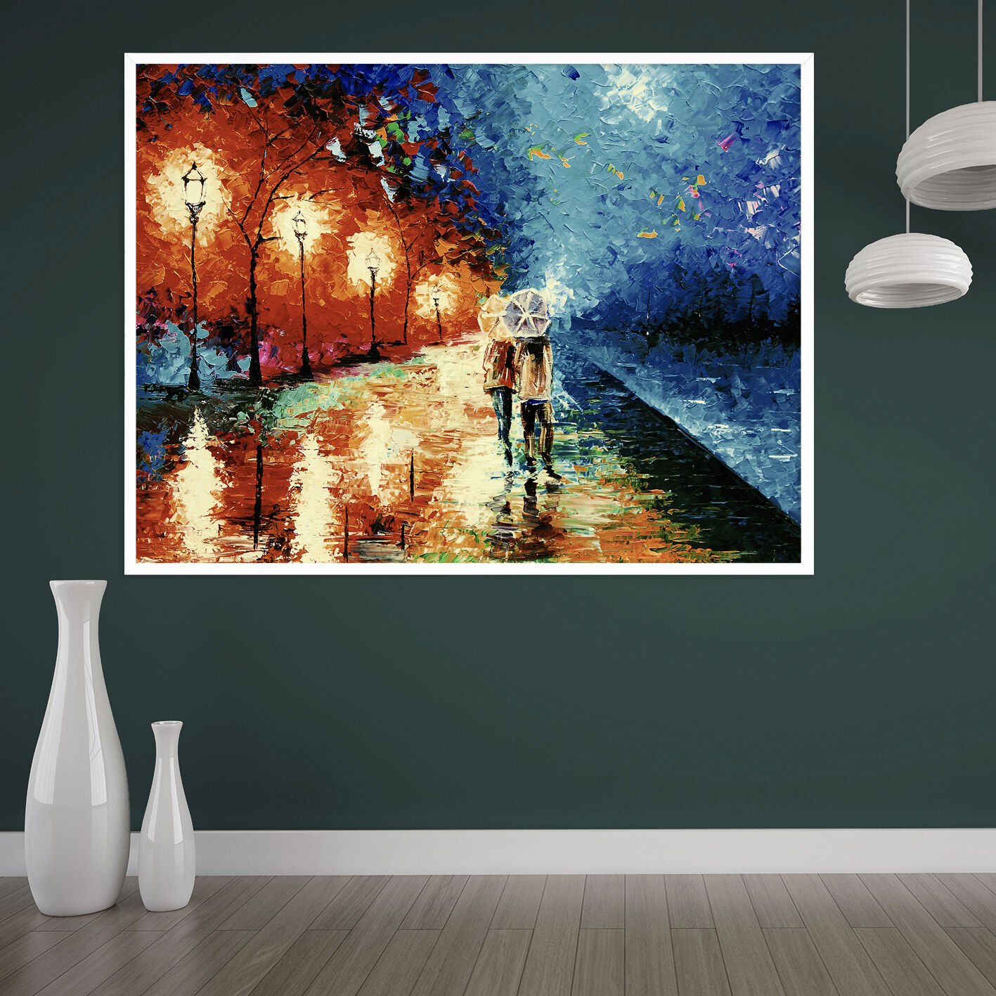 Yağmurda Yan Yana Manzara Dokulu Yağlıboya Tablo