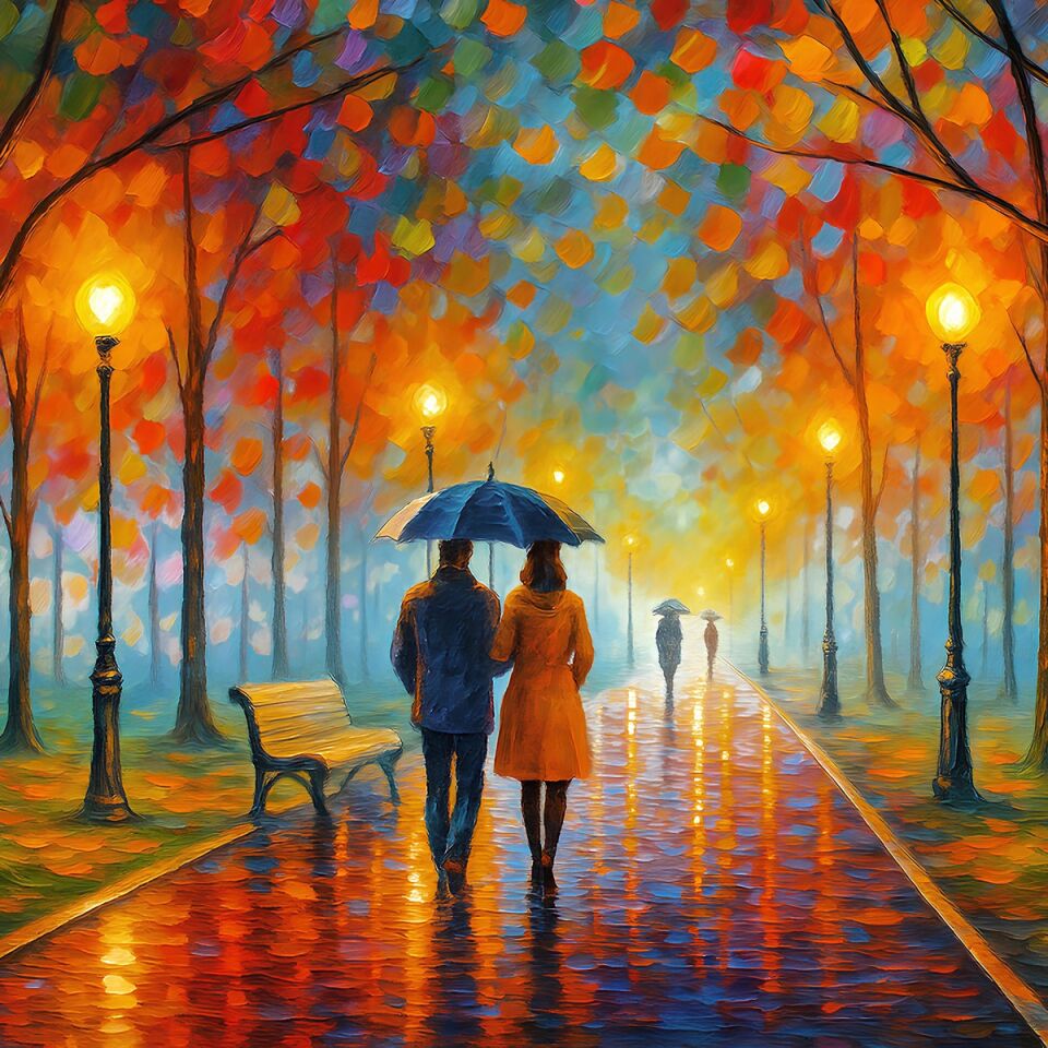 Sonbahar Işıkları Altında Romantik Çift Dokulu Yağlı Boya