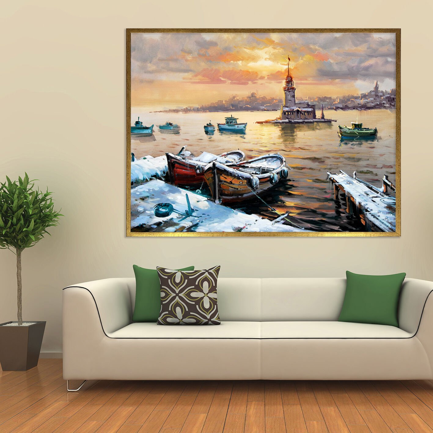 Kız Kulesi’nde Gün Batımı Manzara Dokulu Yağlıboya Tablo