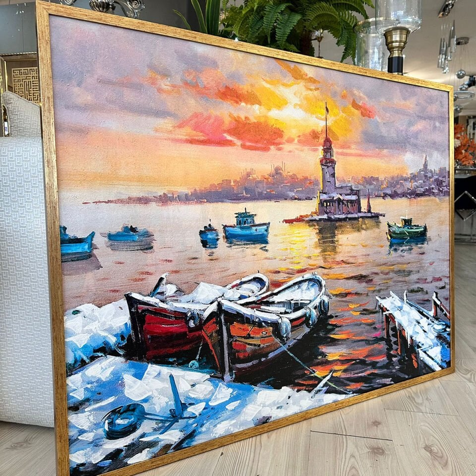 Kız Kulesi’nde Gün Batımı Manzara Dokulu Yağlıboya Tablo