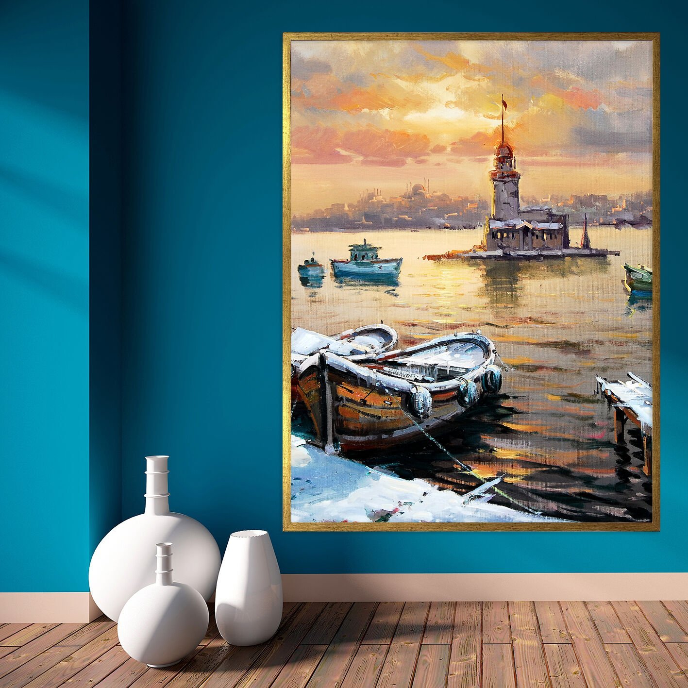 İstanbul’un Altın Saati Manzara Dokulu Yağlıboya Tablo