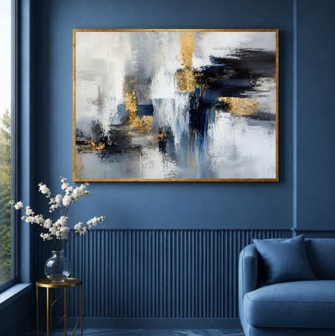 Lacivert Gold Soyut Dokulu Yağlı Boya Tablo – Modern Kompozisyon
