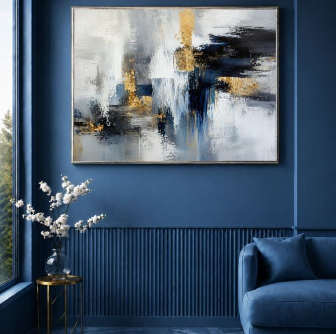 Lacivert Gold Soyut Dokulu Yağlı Boya Tablo – Modern Kompozisyon