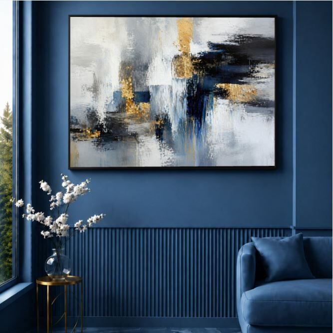 Lacivert Gold Soyut Dokulu Yağlı Boya Tablo – Modern Kompozisyon