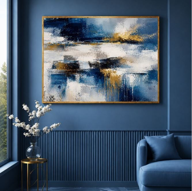 Mavi Gold Soyut Dokulu Yağlı Boya Tablo – Modern Dekoratif