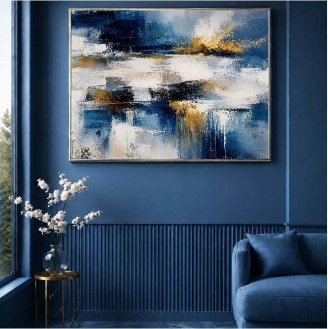 Mavi Gold Soyut Dokulu Yağlı Boya Tablo – Modern Dekoratif