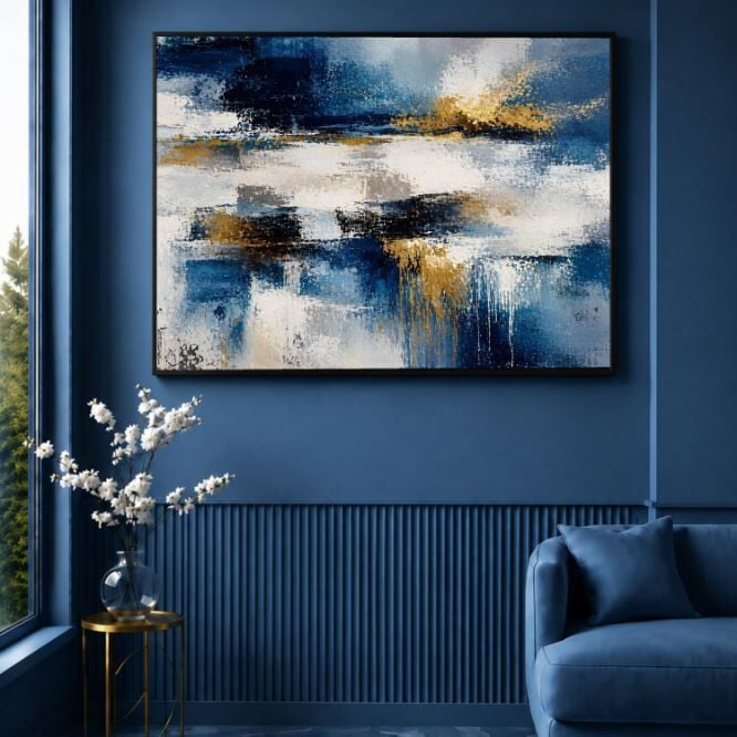 Mavi Gold Soyut Dokulu Yağlı Boya Tablo – Modern Dekoratif