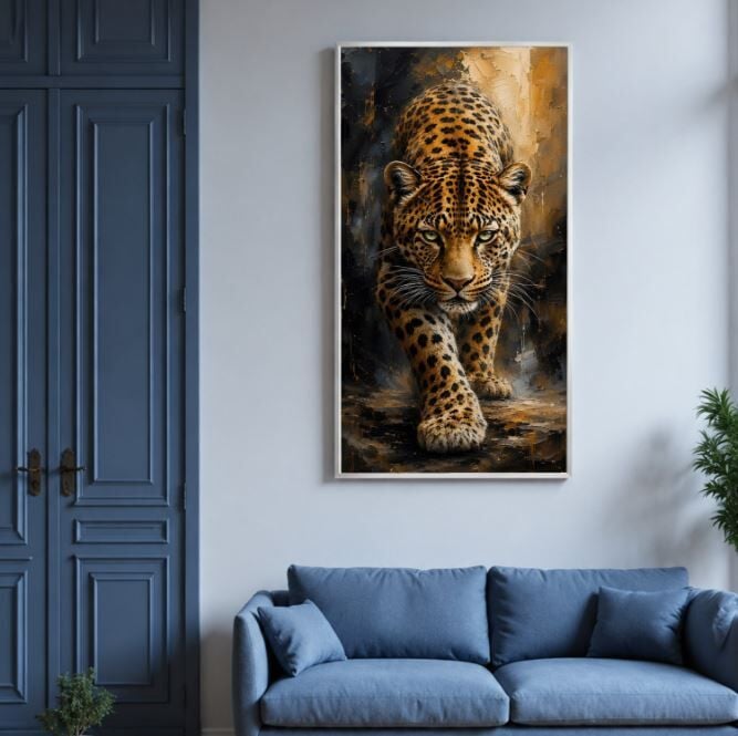 Altın Bakış Dokulu Yağlıboya Leopar Tablo