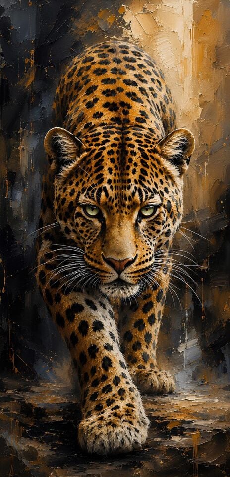 Altın Bakış Dokulu Yağlıboya Leopar Tablo