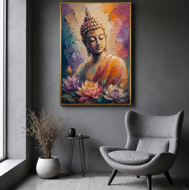 Lotus Çiçekli Buda Dokulu Yağlı Boya Tablo – Modern Dekoratif