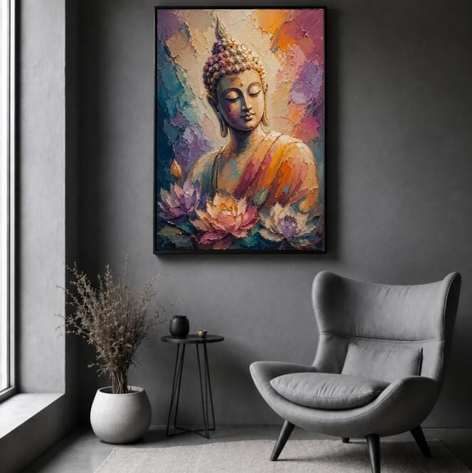 Lotus Çiçekli Buda Dokulu Yağlı Boya Tablo – Modern Dekoratif