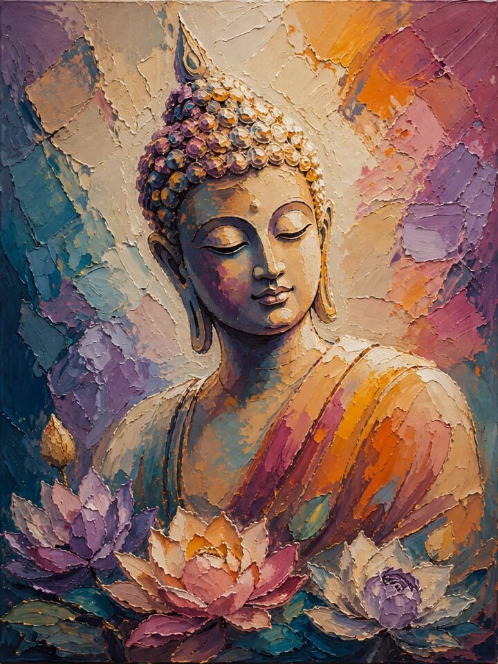 Lotus Çiçekli Buda Dokulu Yağlı Boya Tablo – Modern Dekoratif