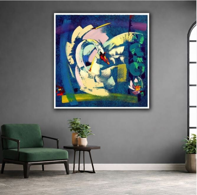 Dokulu Yağlı Boya Kuğu Tablosu | Soyut Modern Sanat