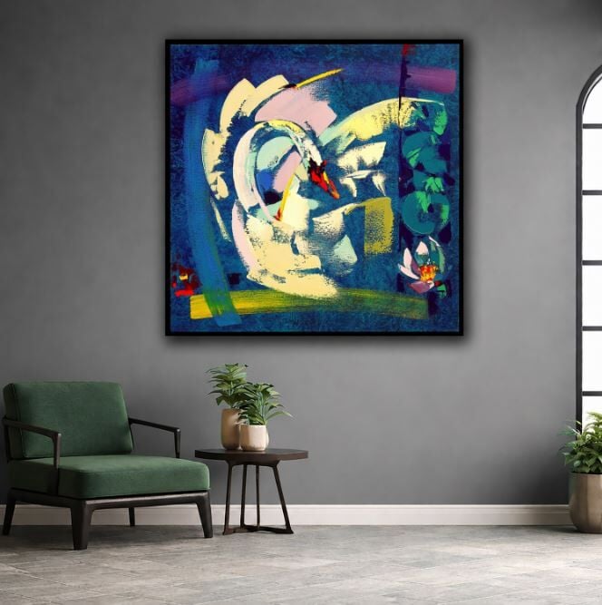 Dokulu Yağlı Boya Kuğu Tablosu | Soyut Modern Sanat