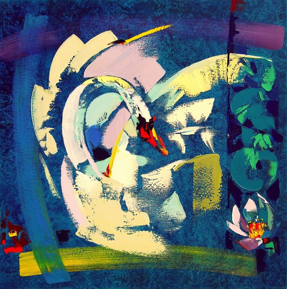 Dokulu Yağlı Boya Kuğu Tablosu | Soyut Modern Sanat