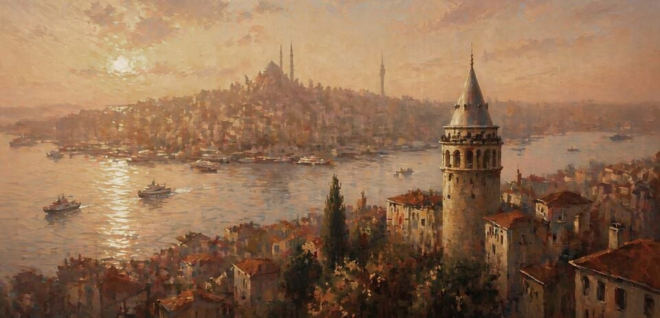 Boğazın Işığında Galata Kulesi Tablo – Dokulu Yağlıboya